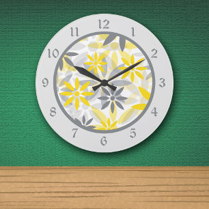 Grande Horloge Ronde Graphique de fleurs gris jaune