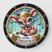 Grande Horloge Ronde Graphique de Noël de joyeux cerfs mignons (Recto)