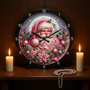 Grande Horloge Ronde Graphique de Noël Whimsical Pink Père Noël
