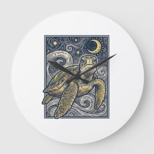 Grande Horloge Ronde Gravure ancienne tortue marine nuit étoilée
