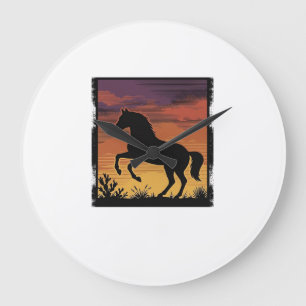 Grande Horloge Ronde Gravure occidentale silhouette de cheval au couche