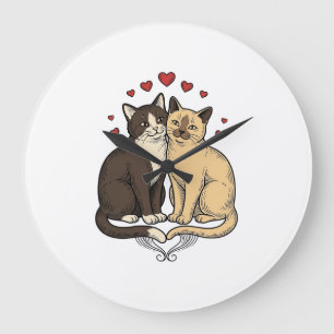 Grande Horloge Ronde Gravure Vintage Couple de Chat Mignon Design d'Amo