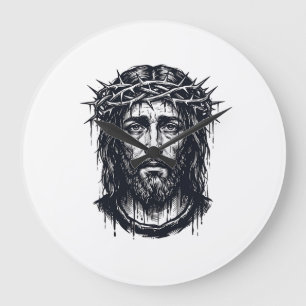 Grande Horloge Ronde Gravure vintage Couronne d'épines Portrait sacré 