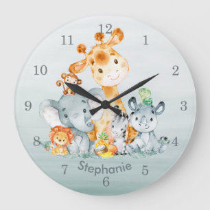 Grande Horloge Ronde Gray Mint Watercolor Cute
