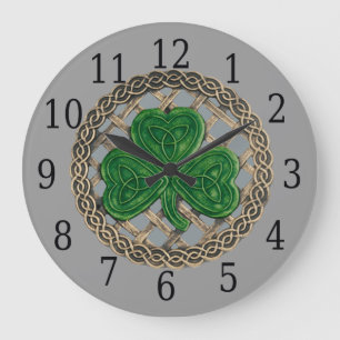 Grande Horloge Ronde Gray Shamrock and Celtic Knots Round Clock