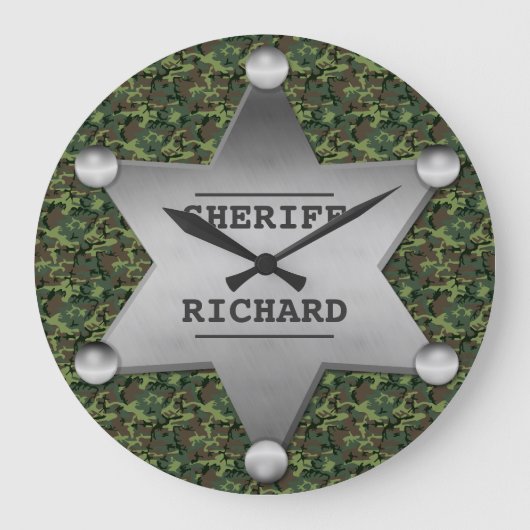 Grande Horloge Ronde Green Camouflage Pattern Shérif Name Badge (Recto)