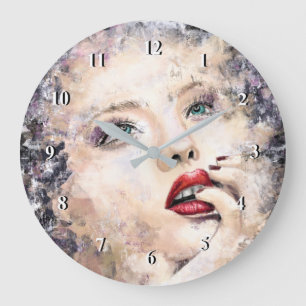 Grande Horloge Ronde Green Eyed Jolie femme Abstraite peinture original