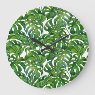 Grande Horloge Ronde Green Monstera Feuilles Tropical sans couture