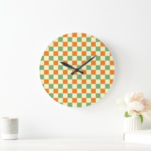 Grande Horloge Ronde Green Orange Brown À damiers En vichy Motif