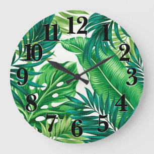 Grande Horloge Ronde Green Tropical Palm Banana Monstera Feuille