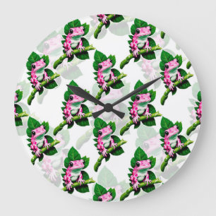 Grande Horloge Ronde Grenouille rose sur motif de feuille verte Design