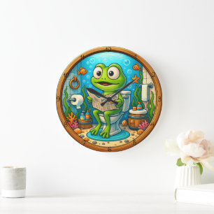 Grande Horloge Ronde Grenouille sur Toilet Funny Bois Cadre