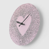 Grande Horloge Ronde Grey Glitter Canvas Art with Pink Heart (Angle)