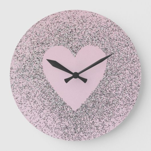 Grande Horloge Ronde Grey Glitter Canvas Art with Pink Heart (Recto)