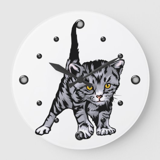 Grande Horloge Ronde Grey Striped Kitten Wall Clock (Recto)