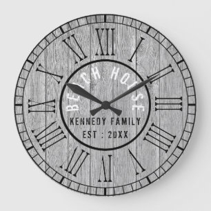 Grande Horloge Ronde Grey Wood Beach House Black Roman Numéros