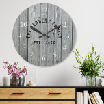 Grande Horloge Ronde Grey Wood Farmhouse Nom de famille<br><div class="desc">Gray Wood Family Name Farmhouse Wall Clock - Farmhouse wall clocks for the perfect addition to give your kitchen a country decor look.Personalize with family name and established year for an unique farmhouse wall clock.</div>