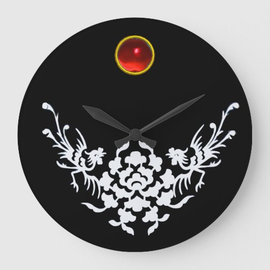 Grande Horloge Ronde GRIFFINES BLANCHES ET FLEURS, Pierre rouge de rubi (Recto)