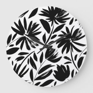 Grande Horloge Ronde Grille noire : vintage motif chrysanthème