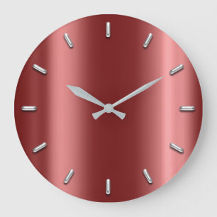 Grande Horloge Ronde Gris argenté minimal métallique rouge de Burgund