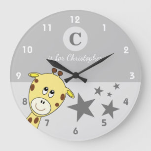 Grande Horloge Ronde Gris avec un nom de bébé étoiles girafe mignon