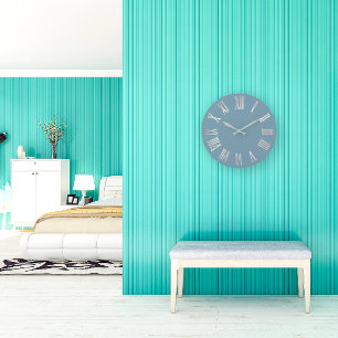 Grande Horloge Ronde Gris Bleu Argent Métallique Gris Romain Numéros