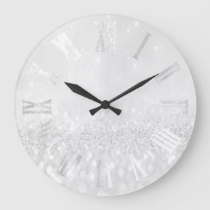 Grande Horloge Ronde Gris Gris Argent Parties scintillant Métal Numéros