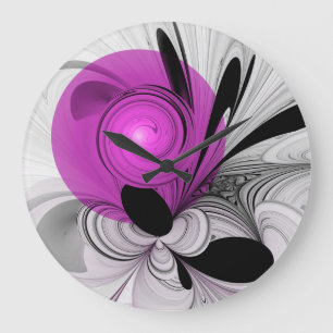Grande Horloge Ronde Gris Noir Abstrait Avec Art Fractal Magenta