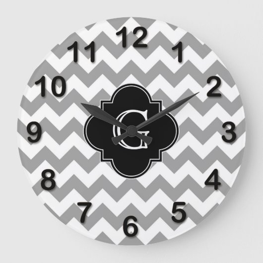 Grande Horloge Ronde Gris Wht Chevron ZigZag Black Quatrefoil Monogramm (Recto)