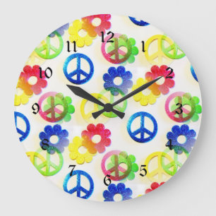 Grande Horloge Ronde Groovy hippie Peace Signs Flower Power Sparkles