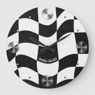 Grande Horloge Ronde Groovy ondulé à carreaux noir et blanc
