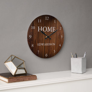 Grande Horloge Ronde Grotte rustique bois maison script nom de famille