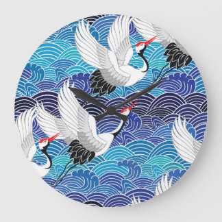 Grande Horloge Ronde Grue japonaise : Motif orné d'oiseaux.