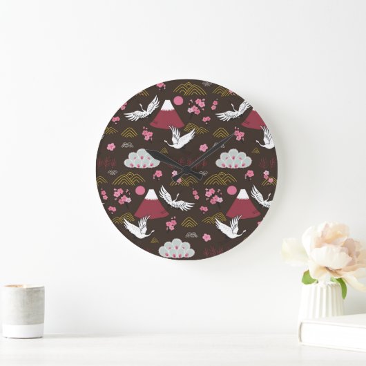 Grande Horloge Ronde Grues japonaises : Motif traditionnel sans couture (Maison)