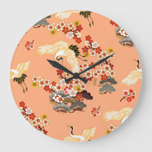 Grande Horloge Ronde Grues, sakura, colorées, florales, cantaloupe.
