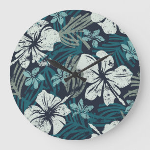 Grande Horloge Ronde Grunge Hibiscus, Papier peint Floral Tropical.