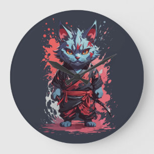 Grande Horloge Ronde Guerrier Chat Ninja Gris Aquarelle Cool