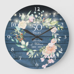 Grande Horloge Ronde Guirlande de lumières bleue rustique pour 50e anni