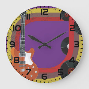 Grande Horloge Ronde Guitare Électrique et Disques Vinyles Musique Vint