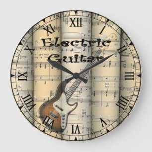 Grande Horloge Ronde Guitare électrique ~ Musique en feuille Vintage ro