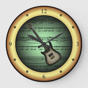 Grande Horloge Ronde Guitare électrique~Partition~Fond Vert/Or~