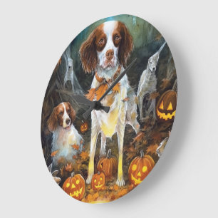 Grande Horloge Ronde Halloween Brittany Spaniel With Pumpkins Scary