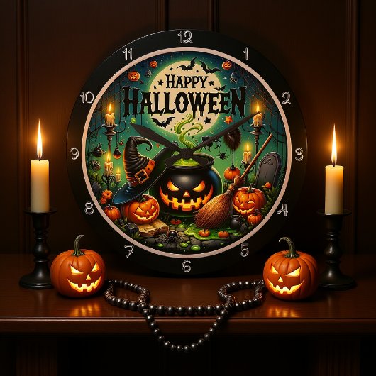 Grande Horloge Ronde Halloween Cauldron Vert