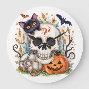 Grande Horloge Ronde Halloween,Chat Crâne de Sucre ,Mignon,Citrouille