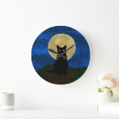 Grande Horloge Ronde Halloween Chat noir Silhouette Lune (Maison)