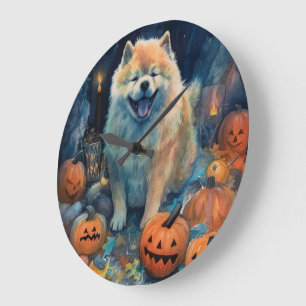 Grande Horloge Ronde Halloween Chow Chow Avec La Peur Citrouille