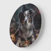 Grande Horloge Ronde Halloween Citrouille berger australienne effraie (Angle)