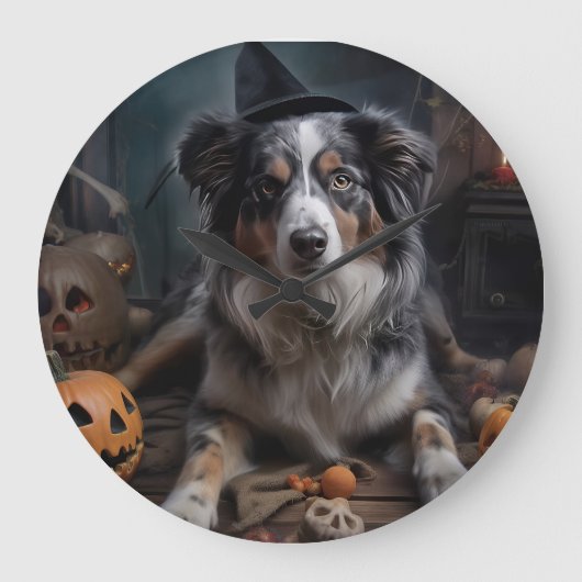Grande Horloge Ronde Halloween Citrouille berger australienne effraie (Recto)