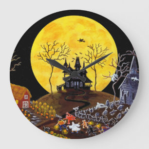 Grande Horloge Ronde Halloween, clock, graveyard, ghosts, witch, church