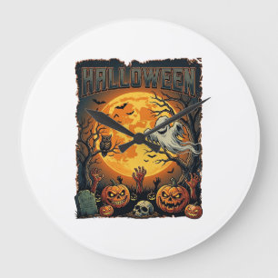 Grande Horloge Ronde Halloween Fantôme Pleine Lune Jack Lanterns Zombie